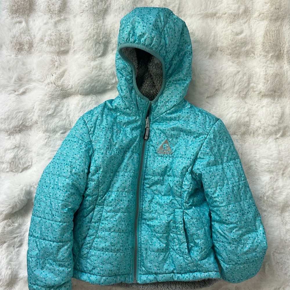 Gerry Reversible Puffer Jacket Pastel Blue Polka Dot Hooded Coat Sherpa Lined